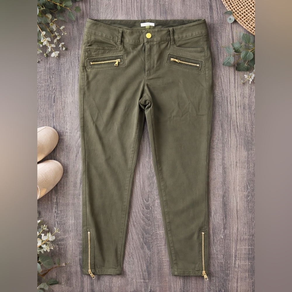 LOFT Olive Green Skinny Pants with Gold Zippers Accents | Size 14